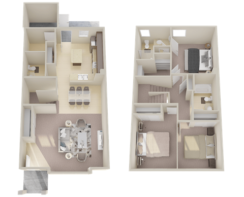 Floor plan for 3 beds, 2.5 baths, 1363 sqft